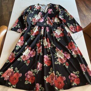 Expected By Lilac Clothing Maternity Dress XL Faux Wrap 3/4 Sleeve Floral Black